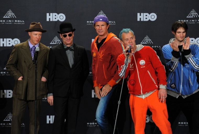Red Hot Chili Peppers inductee Jack Irons, inductee Cliff Martinez, inductee Chad Smith, inductee Michael Balzary aka Flea and inductee Josh Klinghoffer, at the 27th Annual Rock And Roll Hall of Fame Induction Ceremony, Cleveland, Ohio.