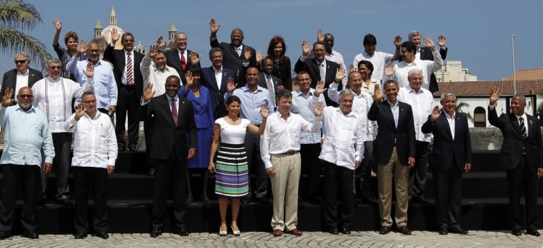President Barack Obama and other leaders from Latin America and the Caribbean pose at the Summit of the Americas in Cartagena, Colombia, on Sunday.