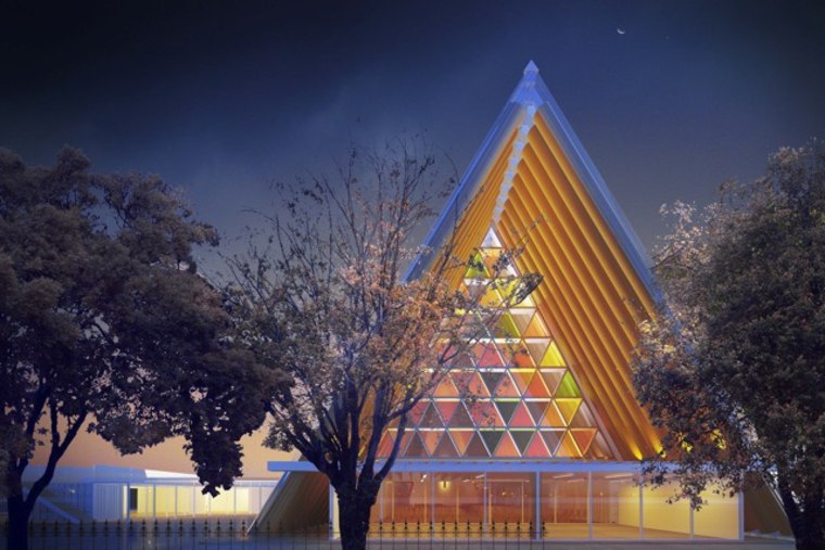 An artist impression of a temporary cathedral made from cardboard which will be built in Christchurch, New Zealand to replace the historic Anglican cathedral destroyed in last year's earthquakes.