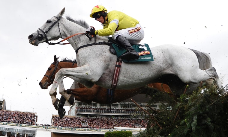 Neptune Collonges ridden by Daryl Jacob jumps the water jump on its way to winning the Grand National horse race at Aintree Racecourse in Liverpool, England, April 14. The annual three day meeting culminates in the Grand National which is run over a distance of four-and-a-half miles, and is the biggest betting race in the United Kingdom.