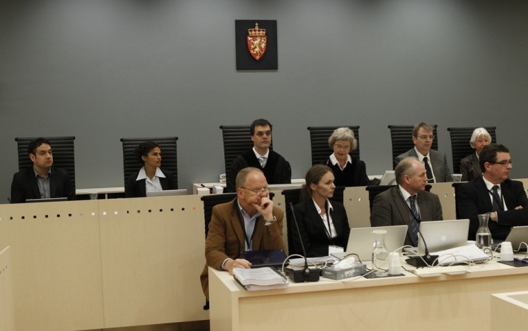 Members of the judiciary are pictured in the courtroom during the first day of the trial of Anders Behring Breivik.