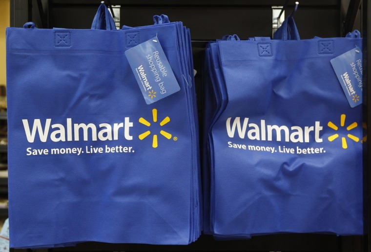 Re-useable Walmart bags are seen in a newly opened Walmart Neighborhood Market in Chicago.