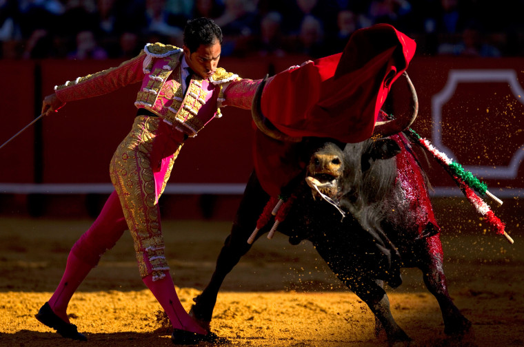 Colombian matador Luis Bolivar during a bullfight in The Maestranza bullring in Seville, Spain on April 16.