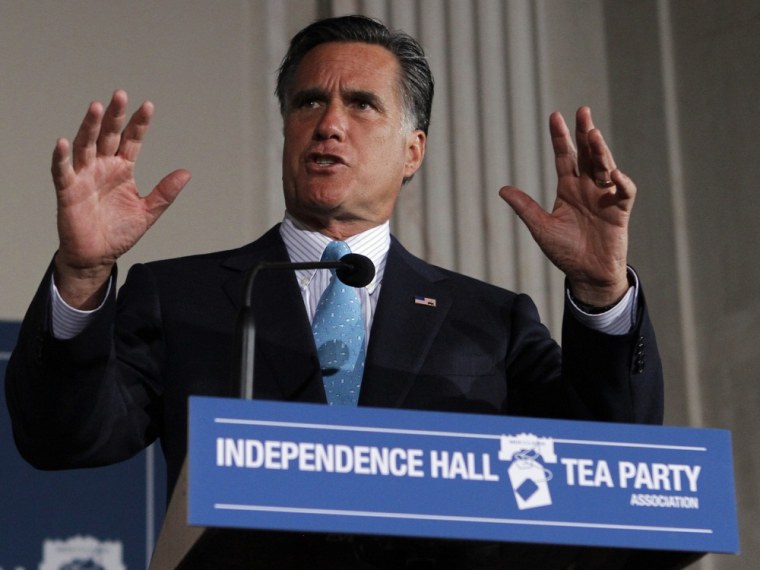 Republican presidential candidate and former Governor of Massachusetts Mitt Romney speaks during the Independence Hall Tea Party Association's Tax Day Tea Summit at the Franklin Institute in Philadelphia, Pennsylvania April 16, 2012.