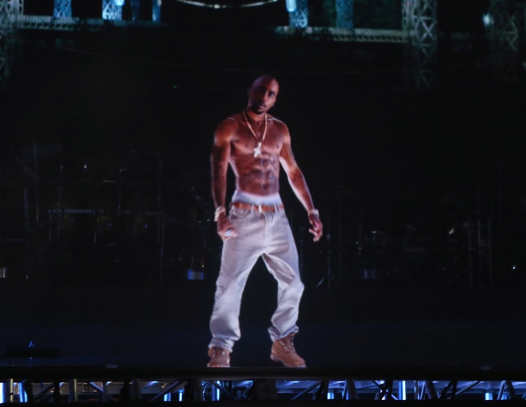A hologram of deceased rapper Tupac Shakur performs onstage during the Coachella Valley Music & Arts Festival in Indio, Calif.