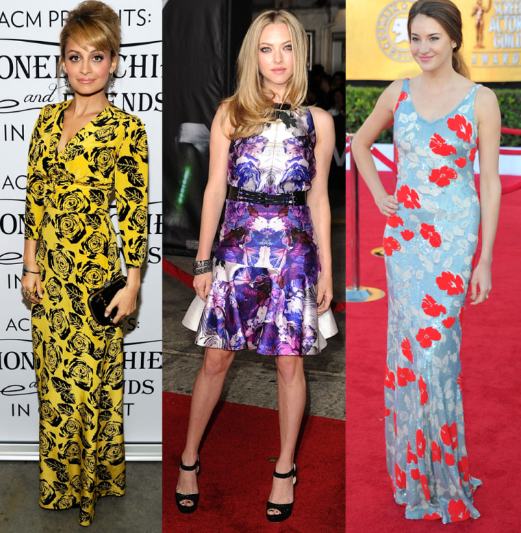 Young Hollywood is in on the floral trend: Nicole Richie at the Lionel Richie and Friends in Concert on April 2; Amanda Seyfried at the premiere of In Time on Oct. 20; The Descendants actress Shailene Woodley at the SAG Awards on Jan. 29.
