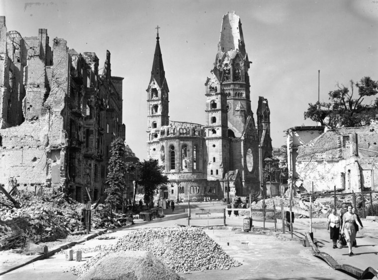 The ruins of the famous Tauenzien Strasse and the Kaiser Wilhelm Memorial Church in Berlin on July 20, 1945, following Hitler's defeat in World War II.