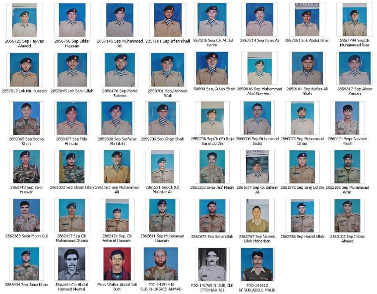 Photographs of some of the soldiers missing after an avalanche hit a Pakistani army camp on April 7. The army has listed the names of the missing soldiers and civilians on its public relations website. There have been no death announcements and the military says it will not abandon the search and rescue effort.