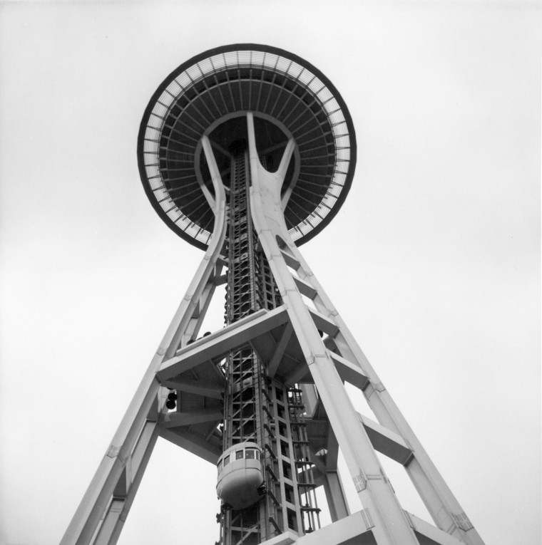 June 1962: Built for the Century 21 Exposition held in Seattle in 1962, the Space Needle stands 185 meters tall and the summit, with a revolving restaurant, can be reached by a lift.
