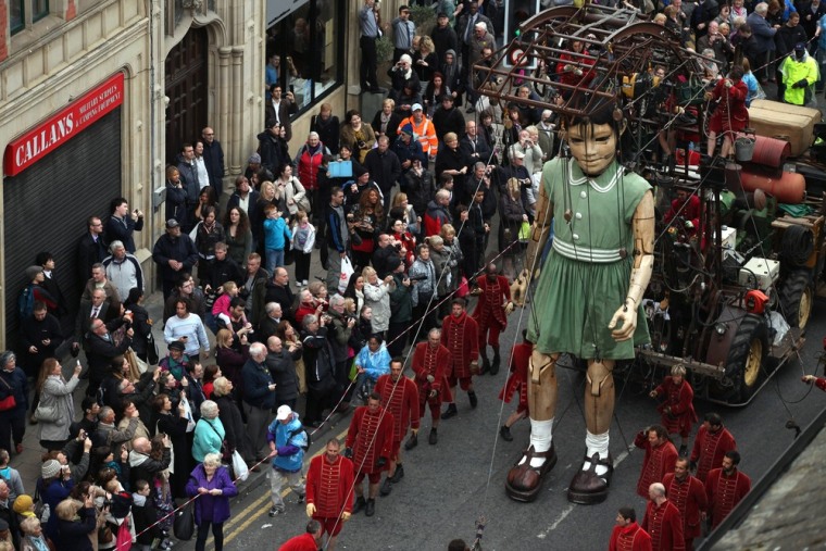 The little girl giant makes its way through the streets of Liverpool, England on April 20.