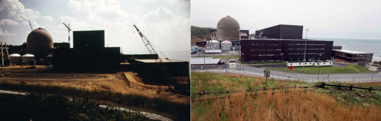Left: The Donald Cook Nuclear Power Plant is shown still under construction on Lake Michigan at Bridgman, Mich., in August 1973. Right: The Cook Nuclear Plant in April 2012.