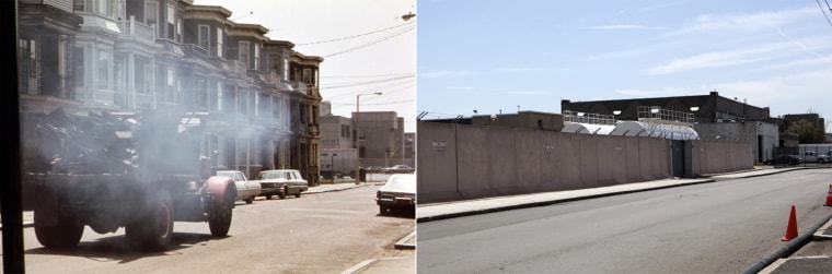 This photo, taken between 1972 and 1977 and released by the U.S. National Archives, shows a truck moving through a residential neighborhood on Lovell Street, adjacent to Logan Airport in Boston. The street ends at the Wood Island Transit Station near construction on a building to be leased to the food preparation business for one of the airlines. The residential neighborhood that was once there is gone.
