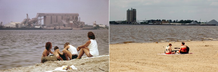 Part of the Olin Mathieson Plant on the far side of Side of Lake Charles, La., is seen in July 1972. People sun themselves on a beach on Lake Charles, La., opposite a cement terminal on the far side of the lake near the site of the old Olin-Matheison Plant in April 2012.