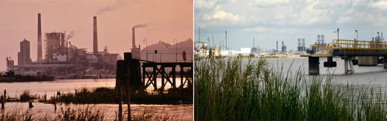 A sunrise over the Olin-Mathieson Plant on the Calcasieu River in Calcasieu Parish, La., is seen in June 1972, right. The same site is seen, right, April 2012.