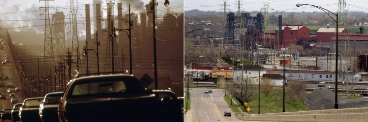 Clark Avenue and the Clark Avenue Bridge in Cleveland, Ohio, looking east from west 13th Street, are obscured by the smoke from heavy industry in July 1973, left. The same view is seen in April 2012.