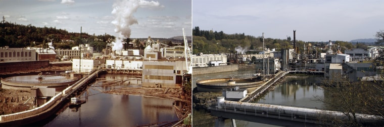 The Publisher's Paper Company at Oregon City, Ore., on the Willamette River is seen in April 1973 at left. Together with Crown-Zellerbach Corporation, this company led a campaign to clean up the river. The Publisher's Paper Company, now closed, is seen in April 2012, right.