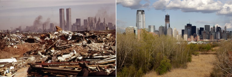 An illegal dumping area off the New Jersey Turnpike, facing Manhattan across the Hudson River, and north of the land fill area of the proposed Proposed Liberty State Park, N.J., is seen in March 1973 and an image from the same vantage point in April 2012 shows the Jersey City and New York City skylines with the green area near Liberty State Park in Jersey City, N.J. in the foreground.