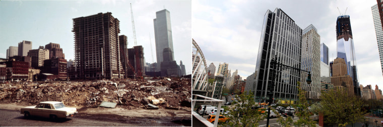 Ongoing urban development and construction on lower Manhattan's West side is seen just north of the World Trade Center, right, in New York in May 1973. The same site is seen in April 2012.