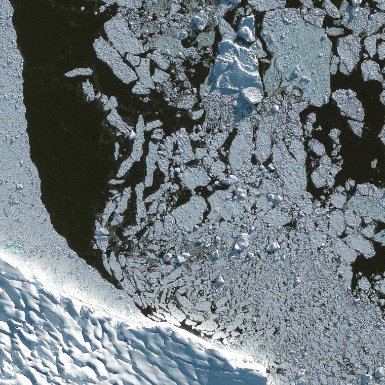 This half-meter resolution image shows icefields near Adelaide Island (on the west), lying at the north side of Marguerite Bay off the west coast of the Antarctic Peninsula. GeoEye tasked its GeoEye-1 satellite to collect this image on April 18.