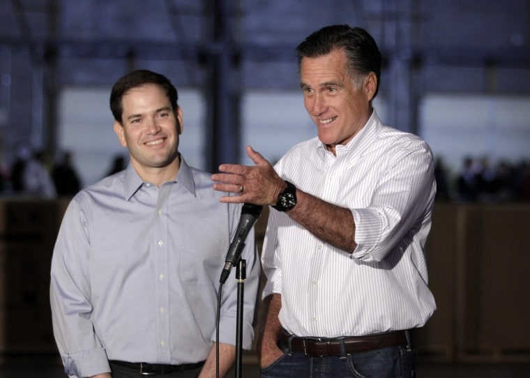 Republican presidential candidate, former Massachusetts Gov. Mitt Romney, accompanied by by Sen. Marco Rubio, R-Fla., talks to reporters in Aston, Pa., Monday, April 23, 2012.