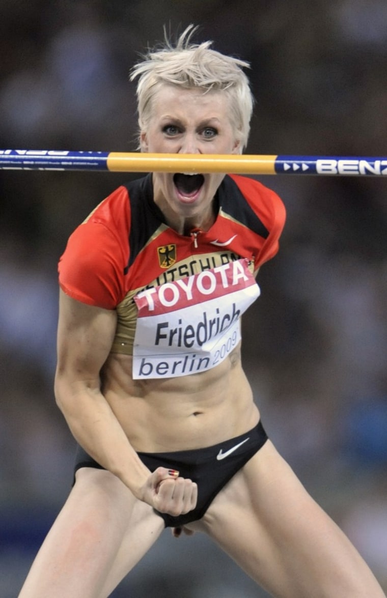 Germany's Ariane Friedrich reacts in the Women's High Jump final during the World Athletics Championships in Berlin in this August 2009 file photo.