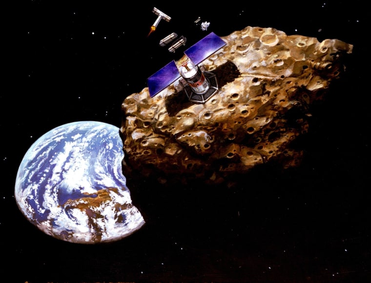 An artist's conception shows a robotic mining operation on a near-Earth asteroid.