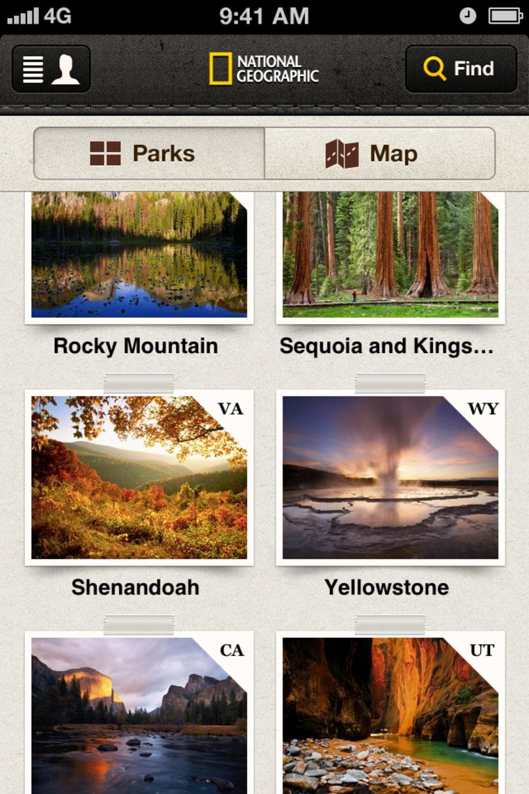 A screenshot of the National Geographic National Parks App, which offers guides to 20 of the country's most visited national parks.
