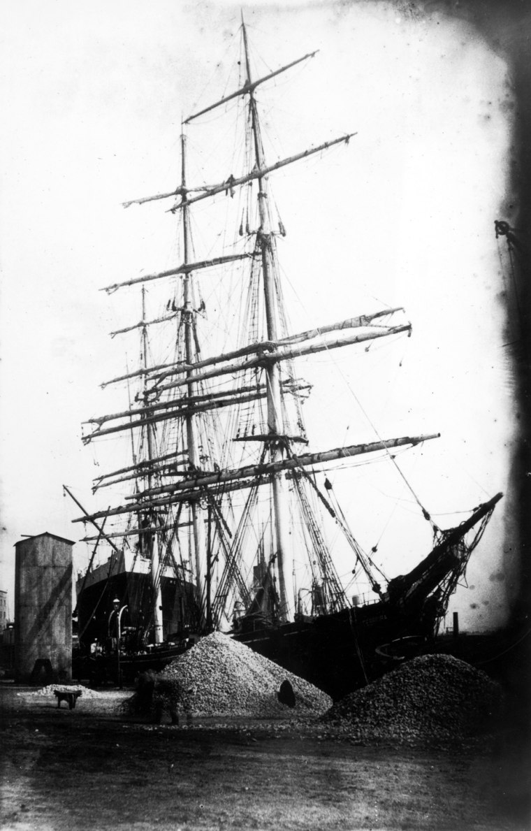 This 1914 photo of the 212 foot long Cutty Sark clipper ship which was launched in taken in 1869 from Dumbarton, Scotland.