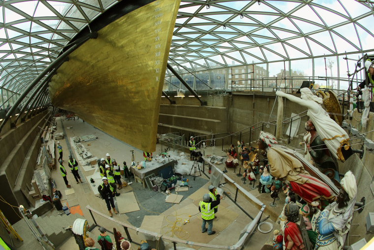Conservators work to restore the Cutty Sark on April 4, 2012 in London, England. The restored vessel will include the largest collection of merchant navy figureheads in the world and features the Cutty Sark's own original figurehead 'Nannie'. The Cuttty Sark, a 19th century tea clipper, is due to reopen to the public on April 26, 2012 after an extensive restoration following a severe fire in 2007.