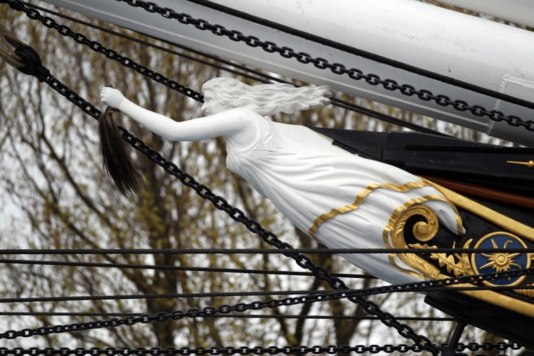 A general view of the figurehead on the newly refurbished Cutty Sark on April 24, in London, England. The restored Cuttty Sark, a 19th century tea clipper, is due to reopen to the public on April 26, after an extensive restoration which was severly hampered buy fire back in May 2007 at a cost of more than GBP 50 million.