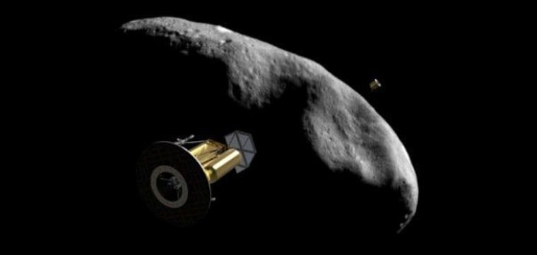 An artist's conception shows the Arkyd Series 200 spacecraft tracking an asteroid.