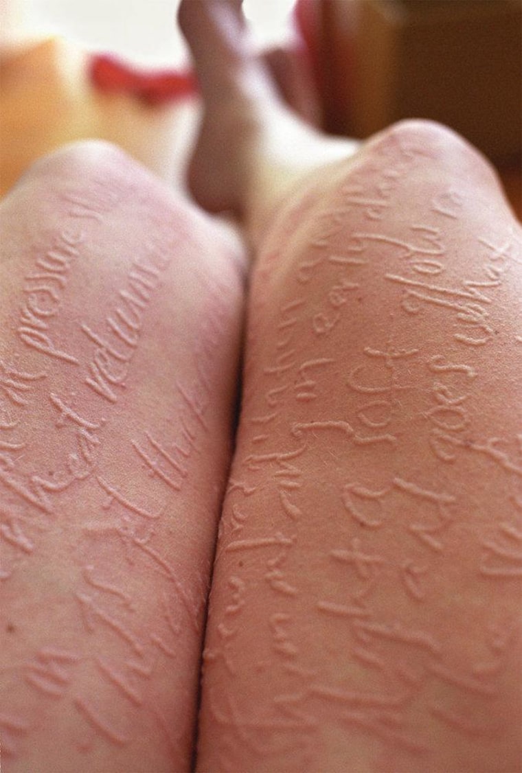 Ariana Page Russell used blunt knitting needles to form the letters on her legs.