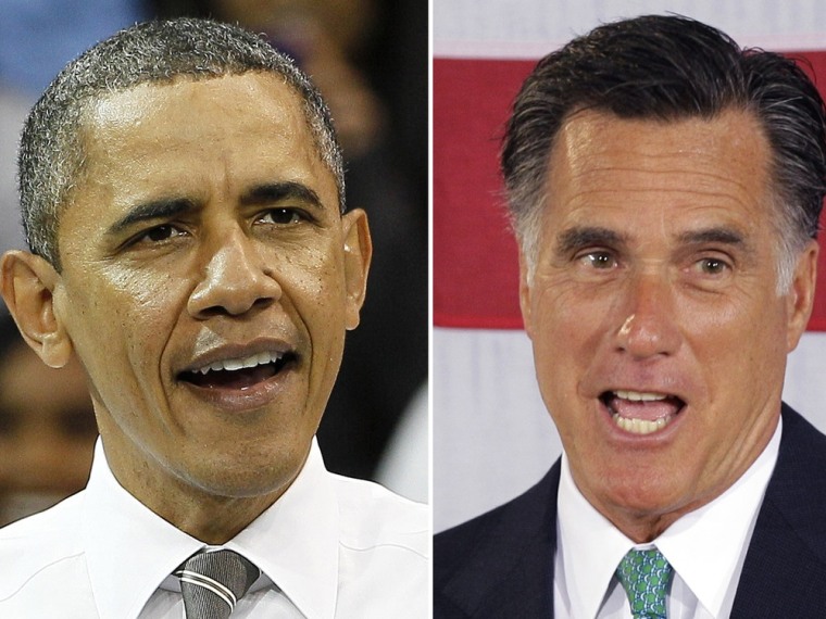 This photo combo shows President Barack Obama in Chapel Hill, N.C. on April 24, 2012, and Republican presidential candidate, former Massachusetts Gov. Mitt Romney on April 18, 2012 in Charlotte, N.C.