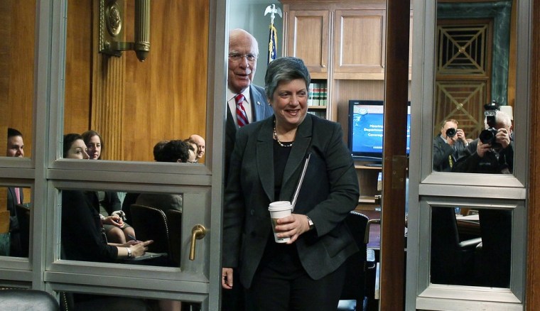 Homeland Security Secretary Janet Napolitano walks into a Senate Judiciary Committee hearing on April 25, 2012 in Washington, DC.