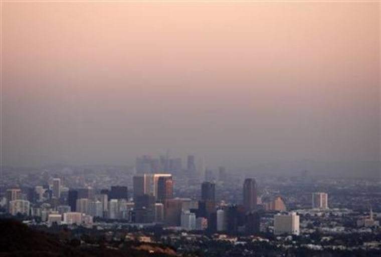Smog shrouds Los Angeles on Dec. 31, 2007. An American Lung Association report found that L.A.'s air has seen a significant improvement since then.