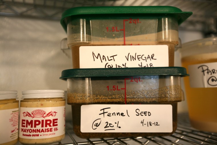 Chef Sam Mason's concoctions in the Empire Mayonnaise Co. refrigerator.