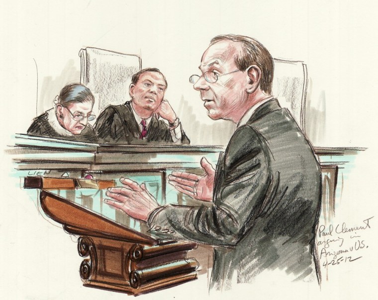 Courtroom sketch of Paul Clement, the lawyer arguing the immigration case on behalf of Arizona, with Justices Ruth Bader Ginsburg and Samuel Alito.