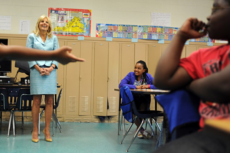 Dr. Jill Biden, Second Lady of the United States, visits with students in a classroom at Lee Hall Elementary School in Newport News, Va., on April 25. Biden highlighted an ODU education partnership with Newport News Public Schools to boost academic achievement and addressed the social and emotional challenges that children of service members face from deployments and other issues.