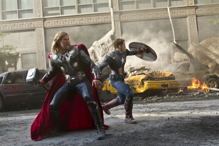 Chris Hemsworth as Thor and Chris Evans as Captain America make up two members of the super team in