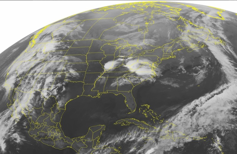 This NOAA satellite image taken Thursday at 1:45 a.m. EDT shows dense cloud cover over areas of the Ohio Valley through the Mid-Atlantic as a storm system and associated warm front extend through the Ohio Valley.