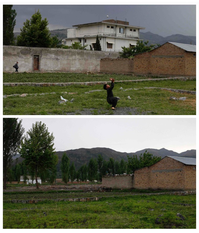 A combination photograph shows Osama bin Laden's compound in Abbottabad, Pakistan, on two different dates. The top image was captured on May 5, 2011 after a United States military raid resulted in the death of bin Laden. The bottom image from April 22, 2012 show's bin Laden's compound missing from the skyline.
