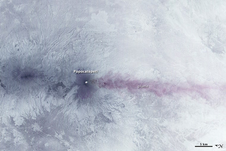 NASA's Terra satellite captured this nighttime view of the Popocatépetl volcano eruption at 10:53 p.m. local time (04:53 Universal Time) on April 25, 2012.