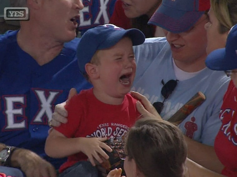 Cameron, 3, at the Rangers/Yankee game, got captured on camera sobbing as a nearby couple retrieved a stray ball.