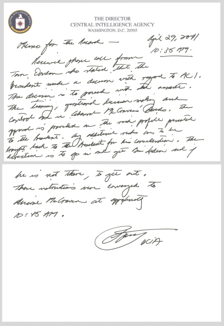 A hand-written memo by then CIA Director Leon Panetta in which U.S. President Barack Obama authorised a Navy SEAL team operation that resulted in the death of Osama bin Laden at his hideout in Pakistan one year ago.