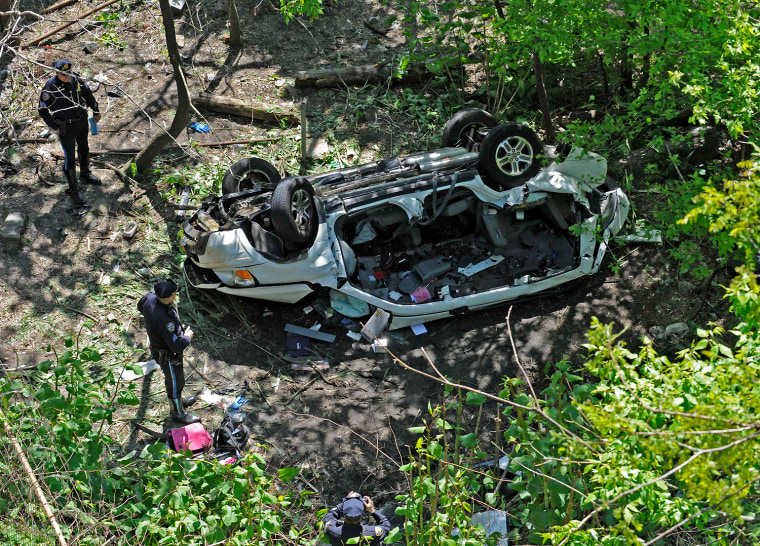 Police investigate a destroyed van that plunged over the Bronx River Parkway, April 29, in New York. Authorities say the out-of-control van plunged off a roadway near the Bronx Zoo, killing seven people, including three children.