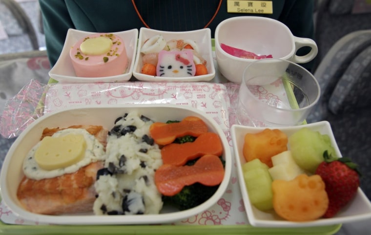 A Hello Kitty-themed in-flight meal is seen inside an Eva Airlines aircraft in Taoyuan International Airport, northern Taiwan, April 30, 2012.