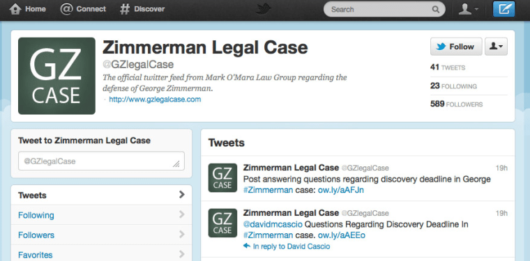 Twitter page, George Zimmerman legal defense