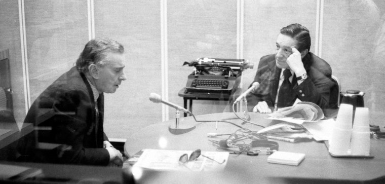 Gore Vidal, left, talks with television journalist Mike Wallace in New York on April 6, 1978.