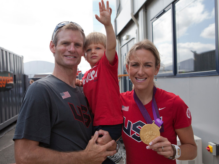 First the gold medal, then playdates: Joe, Lucas and Kristin Armstrong are celebrating Kristin's gold medal in the cycling time trial.