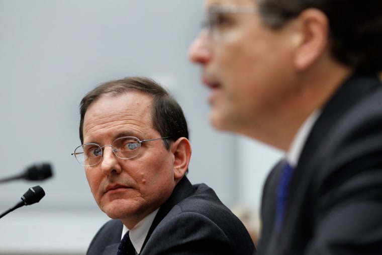 Federal Housing Finance Agency Acting Director Edward DeMarco, left, listens to Fannie Mae CEO Michael Williams testify before the House Financial Services Committee's Oversight and Investigations Subcommittee on Dec. 1, 2011 in Washington, DC.